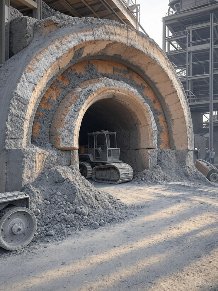 A damaged refractory brick lining inside a cement kiln, showing cracks and heat wear, representing costly downtime.